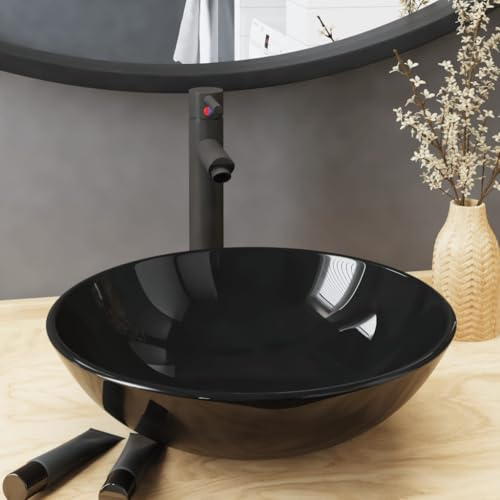 Genérico Lavabo de baño Grifo y desagüe de Empuje Vidrio Templado negro-3098452