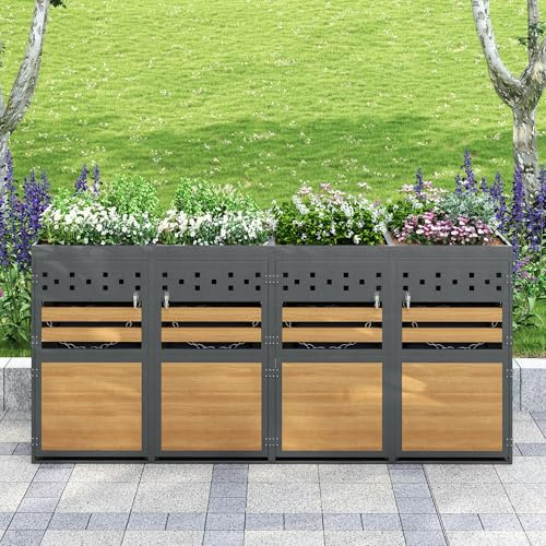 Merax Mülltonnenbox 2er mit Pflanzdach für 4 Mülltonnen 120–240L, Mülltonnenschrank aus verzinktem Stahl, Müllbox mit Schloss & Ketten, Aufbewahrungsbox für Garten, Terrasse, Einfahrt