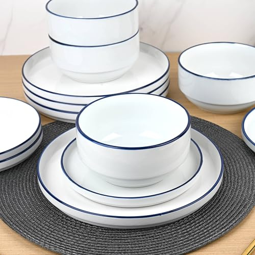 Waterside 12pc Dark Blue Rim Stacking Porcelain Dinner Set | 4 Dinner Plates, 4 Side Plates, 4 Deep Bowls, Dishwasher & Microwave Safe