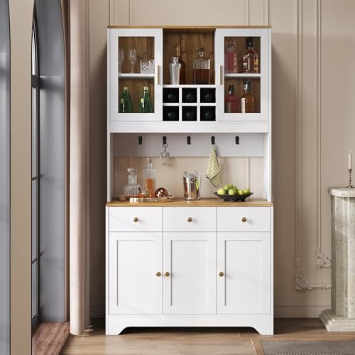 Küchenschrank Weiß mit Vitrine & Weinregal, Buffetschrank mit 5 Türen und 3 Schubladen, Hochschrank im Landhausstil mit Hakenleiste, Vorratsschrank für Küche Esszimmer Wohnzimmer, 94,5 x 30 x 175,5 cm