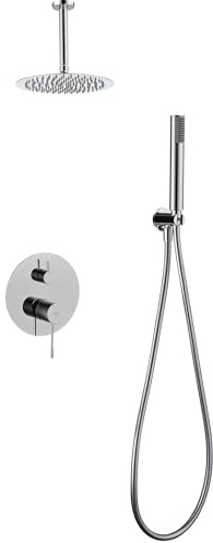 IMEX - Ducha Empotrada Techo Monomando Cromada | Kit de Grifería Empotrado con Alcachofa y Rociador Antical Efecto Lluvia | Columna Ducha Empotrada con Grifo en Latón y Acero Inox S.304