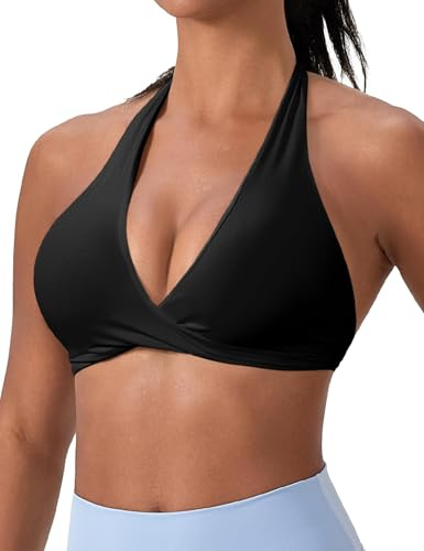 OLAIRE Halter Sports Bras for Women Padded Backless Low Impact Workout Gym Top Open Back Yoga Bra Twist Front V-Neck Everyday Bra