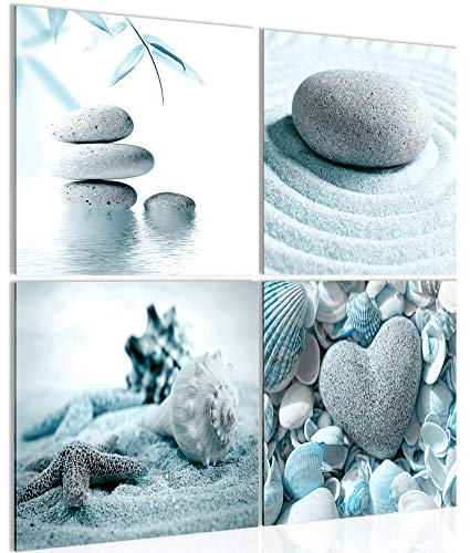 Runa Art Bilder Feng Shui Steine 4 Teilig Bild auf Vlies Leinwand Wohnzimmer Schlafzimmer 60 x 60 cm Strand Türkis Grau 501644b