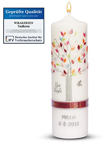 WikaKerzen Mädchen Taufkerze personalisiert mit Lebensbaum Motiv individuell modern, handverziert als Geschenk zur Taufe & Kommunion | Jetz Farbe und Größe wählen