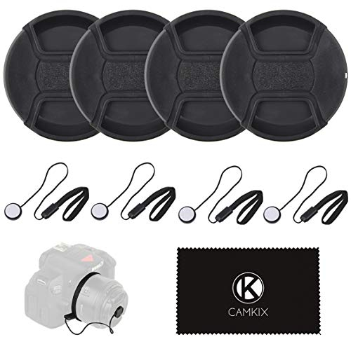 CAMKIX Ensemble de 4 Caches pour Objectif avec Pincement Central pour Nikon, Canon, Sony et Autres Appareils Photo Reflex Numérique - Un Chiffon de Nettoyage en Micro-Fibre Inclus (52mm) (77mm)