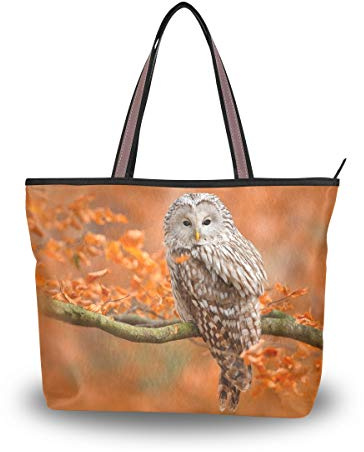 BKEOY Große Damen-Handtasche mit Reißverschluss, für Herbst und Tierwelt, Eulen-Motiv, Einkaufstasche mit Reißverschluss, Mehrfarbig - multi - Größe: Large