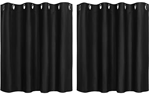 PiccoCasa 2er Set Gardine für Küche Polyester Scheibengardine Kurzgardine Blickdicht Kleine Gardine Schwarz 90H x 132B cm