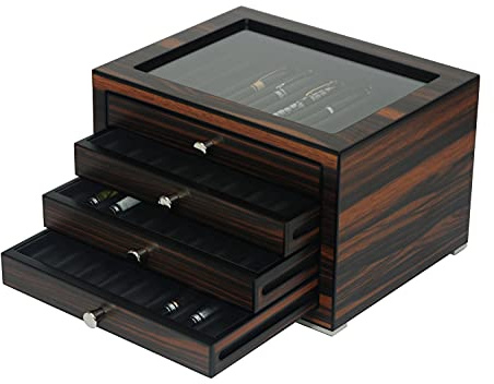 Lifomenz Co Stackable Wooden Display Case with Drawer – Slot Ebony Pen Cabinet, Luxury Fountain Pen Storage Box with Glass Window for Collection (4)