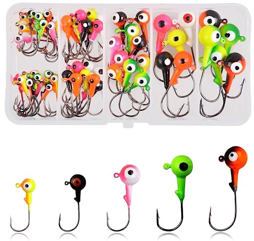 Jigköpfe Angelhaken Set, 60 Stück Jighaken mit Round Jighead Angelbox für Gummifische Größe 0.9g 1.8g 3.6g 7.2g 10.5g