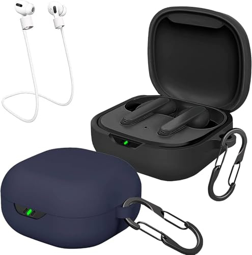 EasyBee 2 Pacchi Cover Custodia in Silicone Compatibile con JBL Vibe Flex/Wave Flex/Wave 300 TWS Cuffie Bluetooth e 2 Moschettone Portachiavi Cinturino Anti-Perdita - Nero e Blu