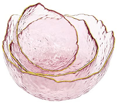 S.ROKE TTAN Juego de 3 cuencos de cristal para ensalada, que ahorran espacio, cuencos decorativos de forma irregular, cuencos de cocina para servir ensalada, fruta, postre, congelador (rosa claro)