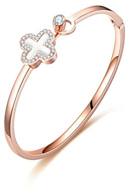 Gilieyer Four-Leaf Clover Bracelet for Women, Enamel Plated Gold Lucky Clover Fashion Simple Bracelets Cubic Zircon Rose Gold Leaf Bangle Black Clover for Women Jewelry (White-Rose Gold)