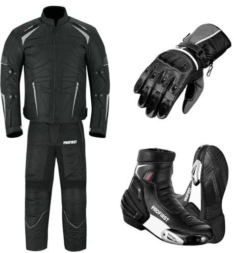 PROFIRST Motorbike Suit For men’s Motorcycle Titanum Boots 2 Piece Suit Reflective Textile Fabric and CE Approved Fully Armour - Jacket+Trouser+Boots+Gloves For All Weather (2XL, Black)