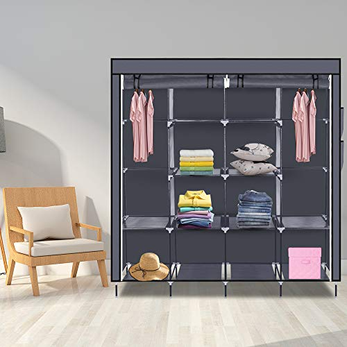 Oshion Kleiderschrank Faltschrank Stoffschrank Faltbare Garderobe Canvas mit Reißverschluss Stoffschrank Kleiderschrank mit Kleiderstange, Fächern (169,5 x 44 x 181,5 cm grau)