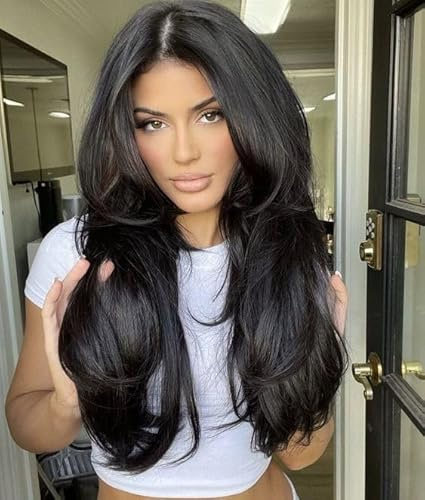 Joedir 24'' Vorhang Bangs Perücke Natürliche Layered Synthetische Perücken Tiefer Teil Gerade Perücke T Lace Front Perücken für Frauen(1B)