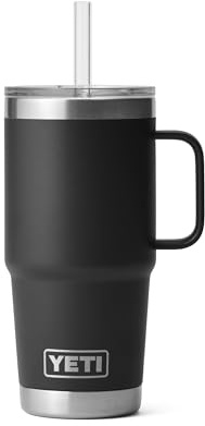 YETI Rambler - Bicchiere da 730 ml, con manico e coperchio con cannuccia, tazza da viaggio per acqua, tazza termica sottovuoto con manico, in acciaio inossidabile, nero