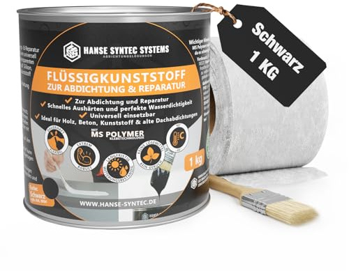 HSS Flüssigkunststoff Abdichtungsset 1 kg Schwarz mit Pinsel & Vlies | 1 kg · Schwarz · ca. 1m² · Inkl. Pinsel & Vlies · MS-Polymer · UV- & Witterungsbeständig · Ohne Lösungsmittel · Bitumenfrei