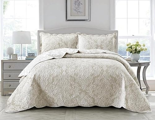 PRIME LINENS Luxury 2 Piece Quilted Printed Bedspread Set Throw Bedding Set Includes Soft Bed Throw Comforter with 1 Pillow Sham Embroidered Machine Wash (Damask Beige, Single)