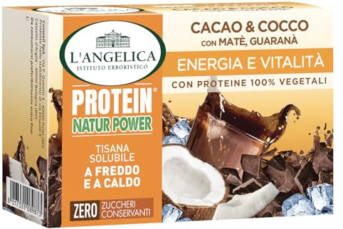 L'Angelica Tisana Solubile Cacao & Cocco con Proteine Vegetali, Tisane Solubili a Caldo e a Freddo, per il Mantenimento della Massa Muscolare, Energia e Vitalità, 12 Confezioni da 14 bustine