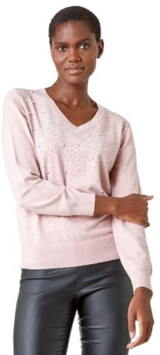 Roman Originals V-Neck Jumper for Women UK Ladies Boyfriend Fit Slouch Sweater Winter Autumn Textured Casual Flattering Knit Pullover Knitwear Daywear Lightweight Lounge - Pink Sparkle - Size 18