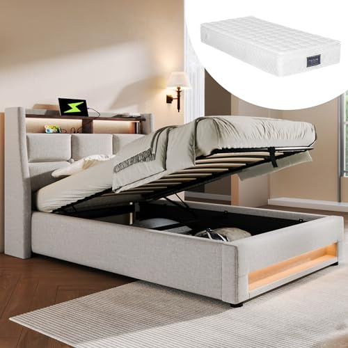Kayan Polsterbett 90x200cm, Einzelbett mit Stauraum und Lattenrost, LED Kopfteil mit USB Ladefunktion, Stauraumbett Funktionsbetten Rückenlehne Bettgestell, Leinen (Beige, 90x200cm - Mit Matratze)
