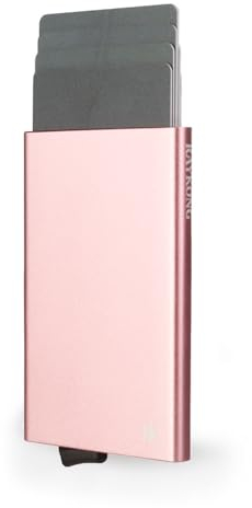 RAYKONG Kartenetui aus Metall für Damen und Herren mit RFID-Block, automatischer Pop-up-Kreditkartenhalter, Diebstahlschutz, Aluminium, minimalistischer Stil, Rosévergoldet, Minimalistisch