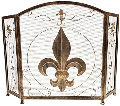 BestGiftEver Kaminschutz, 3-teilig, dekorativ mit Lilien-Motiv, Vintage-Stil, goldfarben, bronzefarben, dekorativ, Schmiedeeisen, französischer königlicher Stil, Kamin-Abdeckung, klassische