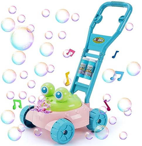 LKFDTW Frog Bubble Lawn Mower for Kids Toddlers, Automatic Garden Lawnmower Bubble Machine with Music, Outdoor Summer Gardening Push Toys Soapy Solution Included for Preschool Baby Boys Girls