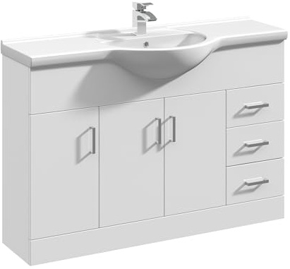 Balterley Vanity Unit with Basin Floor Standing, 3 Door 3 Drawer Soft Close with Curve Sink & Handle, Bathroom Vanity Units with Basin, Bathroom Sink Storage Cabinet - 1200 x 480 x 836mm (White)