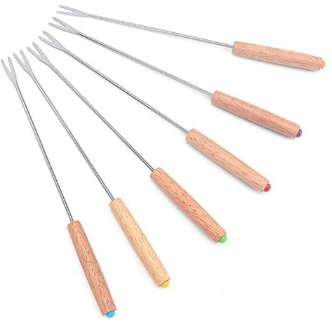 Cyrank Schokoladengabel Mit Holzgriff, Set Mit 6 Edelstahl-Fonduegabeln, Hitzebeständige Grill- Und Bratstäbchen, Farbcodierung Der Fonduegabeln