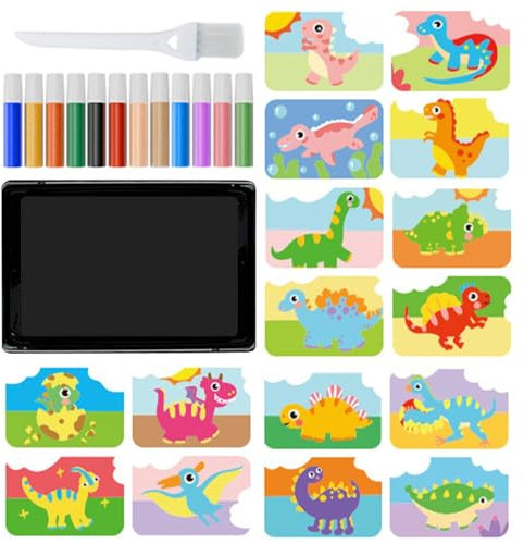 Bexdug Sandkunst-Sets für Kinder,Sandmalerei für Kinder - Farbsand-Kunstbilder-Sets für Kinder,Farbiger Sand in 12 Farben, 1 Tablett, 1 Pinsel, 1 Tablett, 16 Bilder zum Abziehen und Streuen für
