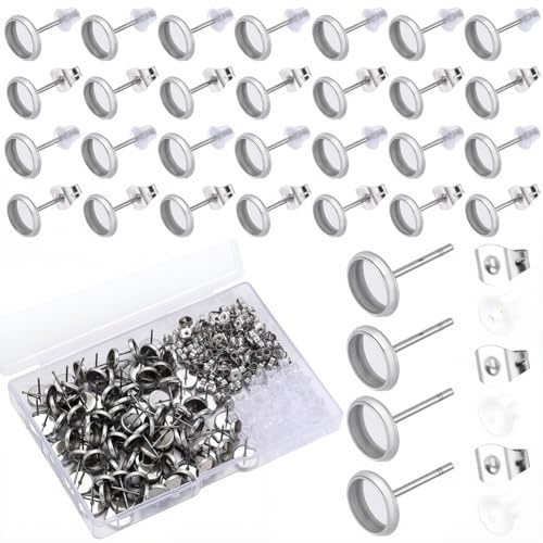 SOFPLATE 1 Box 300 Stück 8mm Cabochon Ohrstecker Lünetten Hypoallergener Aus Edelstahl Mit Ohrmutter Flache Runde Rohlinge Für Die Schmuckherstellung Zubehör Zum Selb