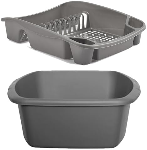 ZARVICZONIA Large Dish Drainer and Rectangular Washing Up Bowl Plastic Home/Office/Kitchen Silver/Grey - Set of 2 (Grey)