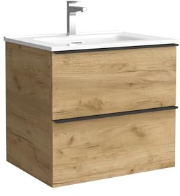 Salgar Mueble de baño Nabua 60 cm Roble con Tirador de pestaña | Lavabo de Porcelana