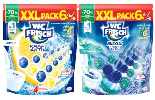 WC FRISCH Kraft Aktiv Blauspüler Ozeanfrische 1x(6x 50 g) & Kraft Aktiv Duftspüler Lemon 1x(6x 50 g), WC Reiniger mit innovativer Geruchs-Stopp-Formel, 2er Pack