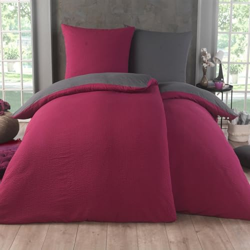 Kuscheli 4 teilig Dreamhome Uni fein Seersucker Wende Bettwäsche Bettbezug für Bettdecke Kissenbezug 80x80, Farbe:WEINROT-GRAU, Größe:2X 135x200 + 2X 80x80 cm