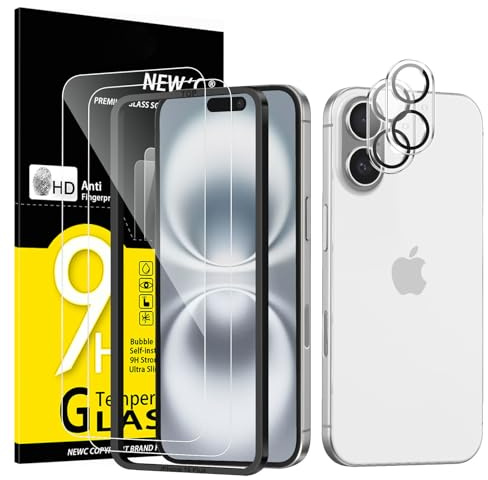 NEW'C Verre Trempé pour iPhone 16 Plus Protection Écran + Caméra | Outil d'installation inclus, Lot de 4, 2x vitres trempées + 2x protections caméra, Transparent, 6,7 pouces, Dureté 9H