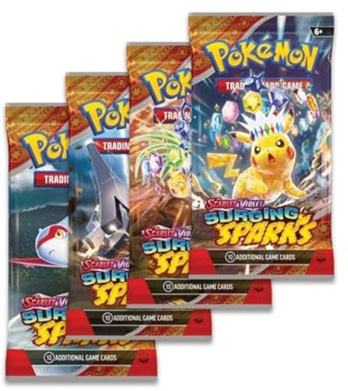 Surging Sparks Booster Packs x4 | Scarlet and Violet Series | Chance for EX, Ultra Rare & Legendary Pokémon | Pokemon Booster Packs for Collectors & Gifts | Surging Sparks Set | Titan Authenticated