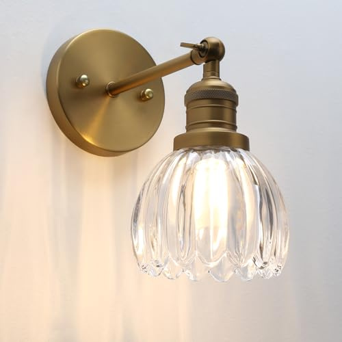 Pathson Applique Murale Intérieure, Câble Luminaire Mural Intérieure Laiton | Lampe Salle de Bain Vintage avec Abat-jour en Verre Tulipes Fleur, E27 Luminaire pour Salon Chambre Cuisine Couloir Maison