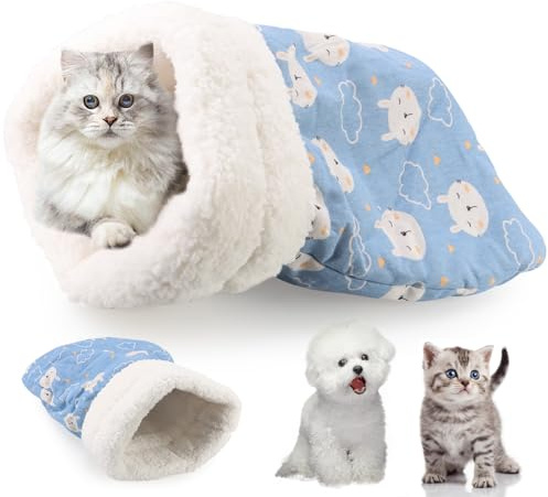 Cat Sleeping Bag Bed, Winter Soft Plush Sack Self Warming Cave Bed for Indoor Cats, 360°Wrap Comfortable Pet Snuggle Sack, Soft Plush Large - Size L (Blue)