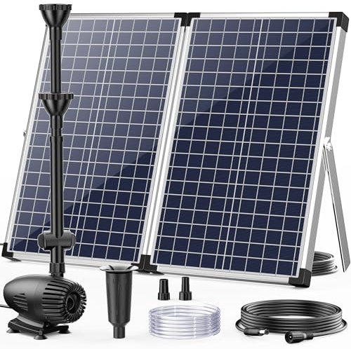 POPOSOAP 70W Solar Water Pump, Solar Water Fountain with Water Shortage Protection, Solar Pond Pump 580GPH Adjustable with PVC Clear Tubing, 17Ft+10Ft Cord for Ponds, Garden, Waterfall, Hydroponics