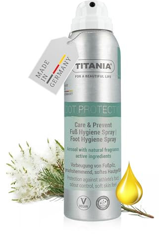 TITANIA® Spray para pies 150 ml – Protección preventiva contra el pie de atleta, refresca y cuida, absorbe la humedad – Vegano, fórmula libre de microplásticos, con aceites esenciales