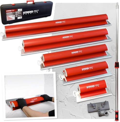 STREND PRO Flächenspachtel Set PREMIUM V2 | inkl. Fassadenspachtel 1000mm, 800mm, 600mm, 400mm, 250mm Glättspachtel, Teleskopgriff, Transportkoffer | PROFI Z Spachtel Set für Trockenbau, Verputzer