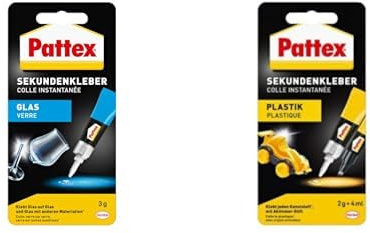 Bundle aus Pattex Sekundenkleber Glas, 1x 3g + Pattex Sekundenkleber Plastik flüssig, transparent trocknend, 1x4ml & 1x2g