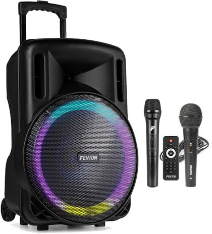 Fenton FT15LED MK2 15 800W Battery Powered PA System with Portable Bluetooth, Wireless and Wired Microphones, LED Lights – Ideal for Events, Fitness, Karaoke, Live Shows and Presentations