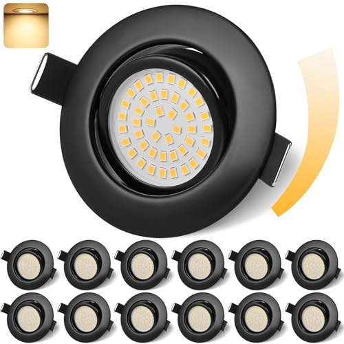 GeyouLux LED Einbaustrahler 230V Dimmbar 68mm 6W IP44 LED Spots 12er set | 45° Schwenkbar 3000K Warmweiß Deckenspots für Badezimmer Küche Wohnzimmer Einbauspots Flach Einbauleuchten Schwarz