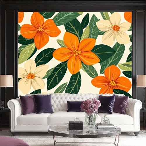 Tapete - 400 x 280 cm Fototapete Schlafzimmer, Tropisch Pflanzen Blumen Blätter Deko Wohnzimmer Vliestapete für Wohnzimmer Schlafzimmer, Orange Farbe 3D Effekt Wandtapete Dekoration