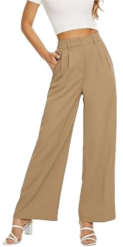 Pantaloni da donna a gamba larga con pieghe sul davanti e tasche, pantaloni lunghi eleganti per abbigliamento da ufficio, pantaloni casual, Cachi, L