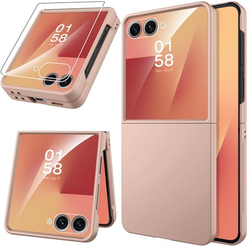 Miimall Handy Hülle für Samsung Z Flip 7 Slim Case mit Schutzglas, Induktives Laden Kompatibel, Militär rutschfest Griff Sturzschutz Bruchsicher Dünn Schutzhülle für Galaxy ZFlip7 Cover Thin Gold