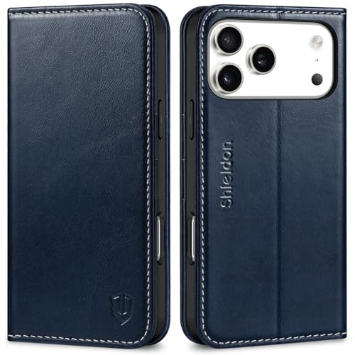 SHIELDON Hülle für iPhone 17 Pro Max 6,9 5G 2025, Lederhülle Schutzhülle [Rindsleder] [Stoßfest] [Kartenfach] [Magnetverschluss] [Stand] [RFID Blocker] [Handy-Ösen] Telefon Cover - Retro Dunkelblau